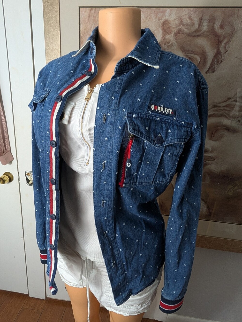 Born Fly Denim Jacket - Navy with White Dot Print Size M